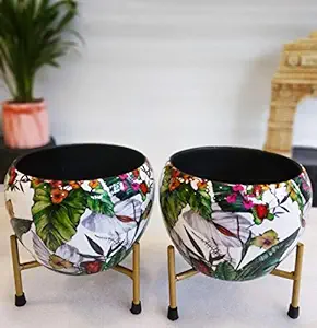 Exotic Green Floral White Combo Designer Pot with Stand for Indoor Plants | Beautiful Metal Planters for Living Room and Balcony | Modern Design Table Top Flower Plant Pots I (2 Pcs Combo)