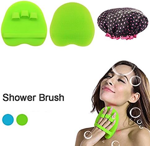 Silicone Body Brush, iado Bath Shower Brush Skin SPA Massage Scrubber Shower Glove Soft Body Brush with A Shower Cap (Green-2)