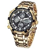 Jakiload Doppelbewegungs-Uhr-Mann-Kalender-Quarz-Uhr-Geschäfts-leuchtende Uhr-wasserdichter Stahlgürtel (Color : Gold*Black)