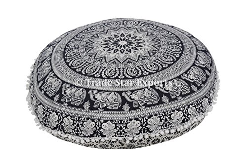 Runde Bodenkissen, Mandala Wurf Kissen- 32 ", Dekorative indische Puff, Große Ottoman, Pompon Außenkissenbezug