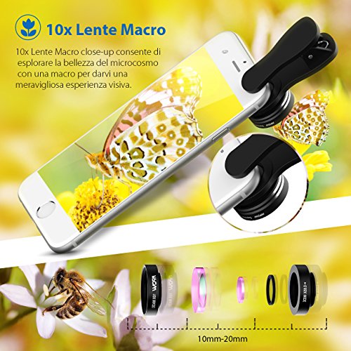 Lenti Smartphone Mpow 3 in 1 Lenti Kit Clip-On Lente Fisheye Suprema 180 Gradi + Lente Grandangolo 0.65X + Lente Macro 10X, Obiettivi Cellulari per iPhone 6s / 6s Plus, iPhone 6 / 6 Plus, Samsung Galaxy S6 Edge+ / S6 Edge / S6 / S5 / S4 / S3 HTC, Sony Xperia, Huawei ed altri Smartphone