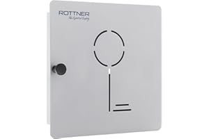 Rottner Armadietto per chiavi Key Collect 10, in lamiera d'acciaio, chiusura magnetica e ganci fissi per 10 portachiavi, con decorazione traforata a forma di chiave, di colore grigio chiaro.