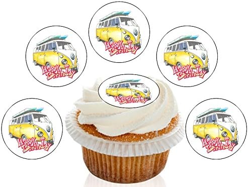 12 Large Pre Cut Edible Happy Birthday Yellow VW Camper Van Wafer Cupcake Decorations Toppers - by Kreative Cakes