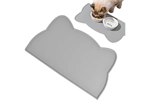 VODUNS Tapis Gamelle Chat et Chien, Tapis de Plateau Gamelle de Nourriture Alimentation Animaux 44 * 24CM en Forme Tête de Chat Mignon Antidérapant Imperméable Silicone Utilisation Animalerie Famille (Gris)