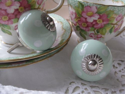 Eau de nil/pale GREEN and white polka dot spot ceramic KNOB handle pull for furniture (drawers, cupboard doors etc) exclusively sold by Vintage Pink TM