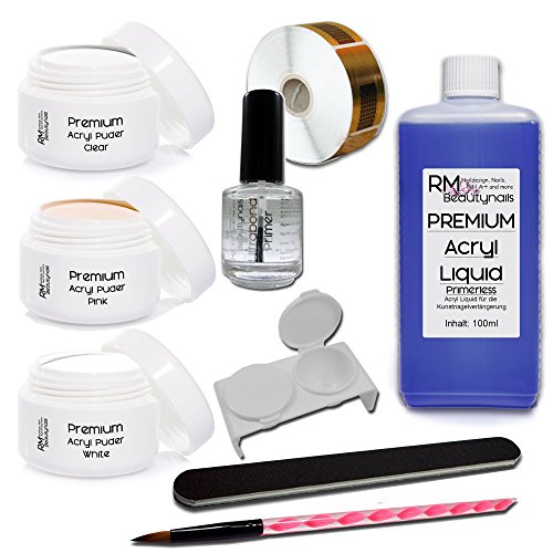 Acryl Set 1 - 100ml Liquid je 20g Klar - Weiß - Pink Puder 1xPrimer Feile RM Beautynails