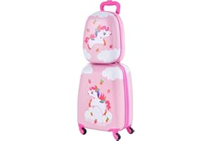 HOMFME 2 PCS Kids Luggage Set, 16 Inch Children Carry on Suitcase with 12 Inch Backpack, Adjustable Handle and Smooth Wheels, Hard Shell Boys Girls Trolley Case for Travel School (Unicorn, Pink)