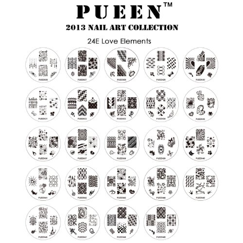 PUEEN 2013 Nail Art Stamp Collection Set 24E - LOVE ELEMENTS - NEW Unique Set of 24 Nailart Polish Stamping Manicure Image Plates Accessories Kit (Totaling 144 Images) with new BONUS Storage Case in pink Colour (For UK domestic dispatch only)