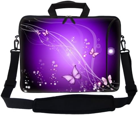 15.6 inch Neoprene Laptop Bag Sleeve with Extra Side Pocket, Soft Carrying Handle &amp; Removable Shoulder Strap for 14" to 15.6" Size Notebook Computer (Purple Butterfly 2)