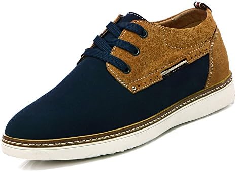 Men's Fashion Casual Shoes Faux Suede Leather Lace Up Sneakers Invisible Height Increasing Shoes for Men (6.5UK, Blue/Yellow)
