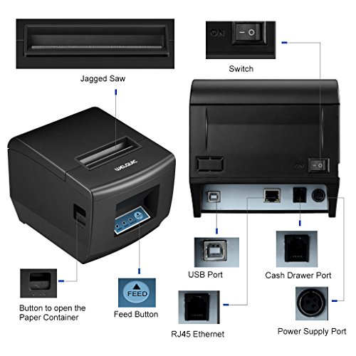 WELQUIC Impresora T  rmica del Recibo  Auto-Cort    Anchura de 80 mm s de la Velocidad de 300 mm  para Android   iOS   Windows   Linux y ESC POS  Puertos USB Serie Ethernet  Negro