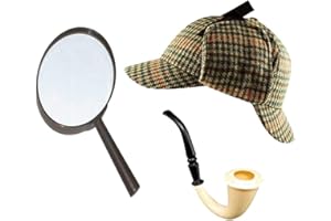 GRASSVILLAGE Sherlock Holmes Fancy Dress 3pc Accessory Set Deerstalker Hat + Magnifying Glass + Victorian Look Pipe Detective Kit