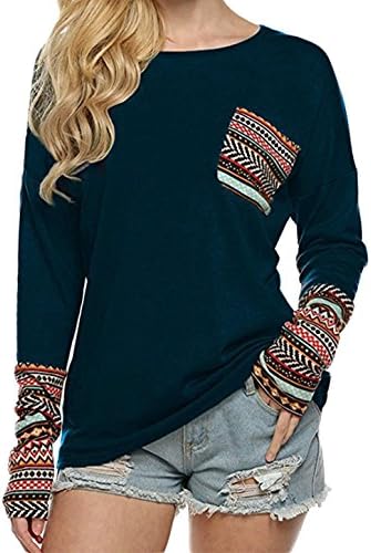 TYHHK Women's Long Sleeve O-Neck Patchwork Casual Pocket Patch Loose T-shirts Blouse Tops with Thumb Holes (Navy-Blue, XL)