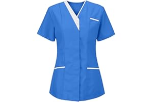 OUMSHBI Kasacks Damen Pflege Einfarbig V-Neck Kurzarm Mediz Kostüm mit Druckknöpfen Medizinische Berufsbekleidung mit Taschen Kasack Damen Pflege Bequeme Laborkittel Damen Baumwolle Pflegebekleidung