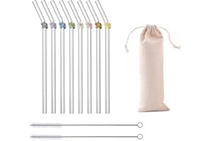 TAFACE 8 pajitas de cristal con 2 cepillos para pajitas y 1 bolsa de almacenamiento, flores de colores, pajitas transparentes, pajitas reutilizables para bares, fiestas, bebidas caseras