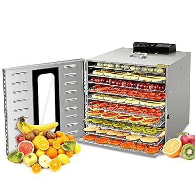 GCSJ Nouvelle Mise à Niveau 10 Plateaux Déshydrateur Alimentaire avec Fenêtre en Verre Visible, Thermostat Réglable 30°C-90°C et Minuteur de 24h, Tout acier Inoxydable (Manuel en Français)