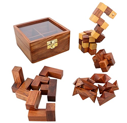4-in-One Wooden Puzzle Games Set - 3D Puzzles for Teens and Adults - Includes Wood Interlocking Blocks, Diagonal Burr,Soma Cube and Snake Cube in Storage Box