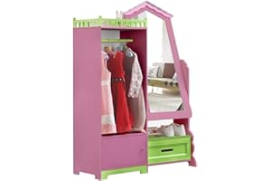 WODENY Kids Wardrobe Children Storage Cabinet with Mirror & Drawer | Child Wooden Organizer Locker Cupboard Bedroom Furniture for Boys Girls Gift (Pink2)