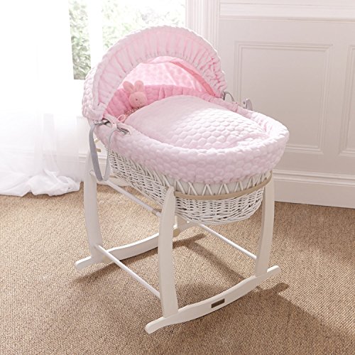 Luxury British Made White Wicker Moses Basket With Pink Marshmallow Covers And Rocking Stand