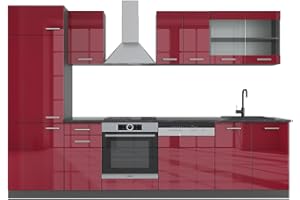 Vicco cucina componibile R-line, Bordeaux lucido/antracite, 300 cm senza piano di lavoro