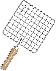 AKADO Stainless Steel Barbeque Square papad Jali roti Roast Wire Grill Stand with Wooden Handle