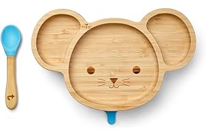 Tiggi Bamboo Baby Suction Plate - Complete Weaning Set | Strong Suction, BPA-Free | Eco-Friendly Bamboo Plates Baby | Ideal Baby Suction Plate for Easy Feeding (Mouse, Blue)