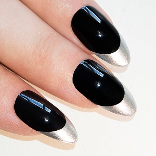 Bling Art Stilett Falsche Nägel Acryl Schwarz Silber Medium Tipps UK