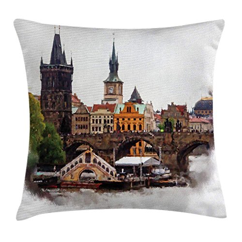 GHNYK Scenery Decor Throw Pillow Cushion Cover, European Country Landscape  with Houses and River Watercolored Like Print, Decorative Square Accent