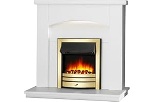 ENDEAVOUR FIRES AND FIREPLACES Endeavour Fires New Cayton Electric 42"Fireplace Suite, fitted with Brass Trim and Fret, 220/240Vac 1&2kW with 7 day Programmable Remote Control Heater in off white MDF Surround