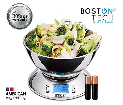 Boston Tech HK101 - Balance de cuisine numérique, balance électronique avec minuterie, écran LCD, fonction TARE et température. Bol inclus