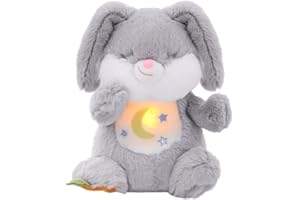 Edencomer Slumber Cuddly Toy - Snooze Rabbit with Simulated Breath, Music and Night Light, Cuddly Toy with Breathing Movement, Accompany Children to Sleep (Grey Rabbit)