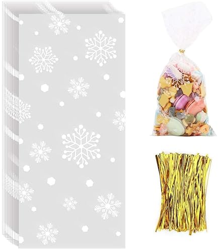 FINEVERNEK Sachet Bonbon Noël, Sacs Cellophane Cône Bonbon Transparent Plastique, Sachets De Cadeaux Transparent Avec Cravates Torsadées Pour Noël Partie, 25x13cm (50 Ensembles