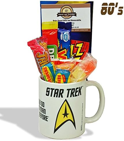 Star Trek Badge Mug with a Space Travelling Selection of 80's Retro Sweets.