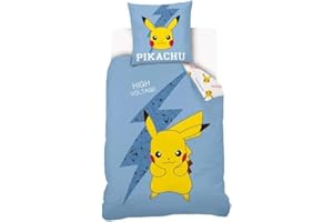 Sahinler Parure De Lit Pikachu Réversible Enfant - Housse De Couette 140x200 cm + Taie d'oreiller 63x63 cm - Bleu - 100% Coton NI-0223