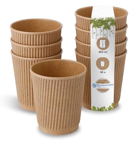 BIOZOYG 50 stuks koffiebekers geïsoleerde papieren bekers 200 ml / 8 oz 80 mm bruin - geribbeld kunststof vrij duurzame materialen - wegwerpbekers glühweinbeker