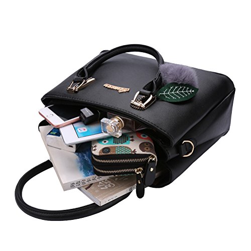 Frauen PU Leder Henkeltaschen mit Hairball Vintage Tasche Handtasche Umhängetasche Damen - 6