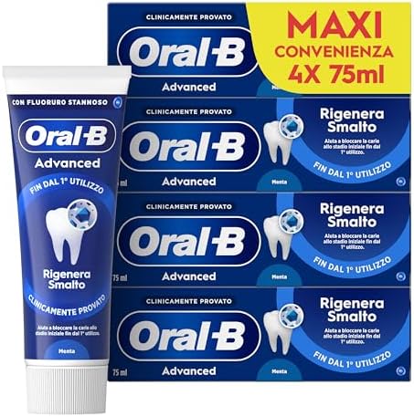 Oral-B Dentifricio Advanced Rigenera Smalto, Sapore Menta Piperita e Eucalipto, 4 Dentifrici, Pulizia Denti Efficace, Confezione 4x75ml Maxi Convenienza