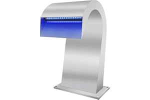 Longrun Pool Wasserfall Brunnen, 19x42.5x25cm Edelstahl Teich Wasserfall Überlauf mit 7 Farben LED, komplette Pool Brunnen Wasser Spray Kit für oberirdische Teich Schwimmbad Garten