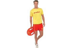Smiffys Baywatch Men's Beach Costume for Adults, Includes Yellow Top & Elastic Waist Shorts with Iconic Baywatch Logo, Officially Licensed, Ideal for Groups, Students, and Lifeguard Beach Fancy Dress