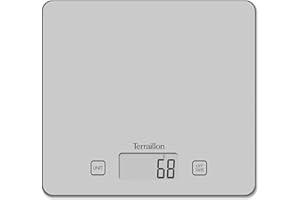 TERRAILLON - T1040 SILVER, Balance de Cuisine électronique, Plateau verre, Tare, Conversions Liquides, Ultra-Fine, Portée 5 kg, Graduation 1g, Argent