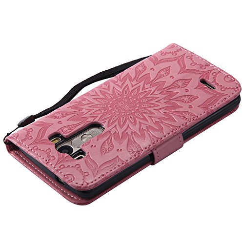LG G3 Hülle,LG G3 Leder Wallet Tasche Brieftasche Schutzhülle,Cozy Hut® Prägung Sunflower Muster PU Lederhülle Flip Hülle im Bookstyle Cover Schale Stand Ständer Etui Karten Slot Schutzhülle Pink Tasche Wallet Case für LG G3 / D858 5,5 Zoll – Rosa - 4