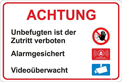 Preisvergleich Produktbild Hinweisschild "Zutritt für Unbefugte verboten", iSecur, Art. hin_198, 30x20cm, alarmgesichert, Hinweis auf Videoüberwachung, Alarmanlage, Hinweisschild für Haus, Gebäude, Grundstück, Gewerbeobjekt, Achtung, Vorsicht, Video überwacht, Videoüberwacht, Betreten verboten