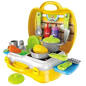 Kitchen Cooking Suitcase Play Set Kitchen Set for Kids Girls Pretend Play Toy with Colorful Role Play Toys Suitcase Non Toxic Playing Accessories Playset Birthday Gift for Girls 3 Years Age - Yellow