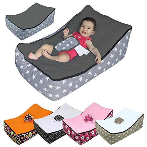 examen Monsieur Bébé ® Transat pouf bébé avec 2 poches de rangement, poignée de transport et 2 assises - 5 coloris - Norme NF EN12790