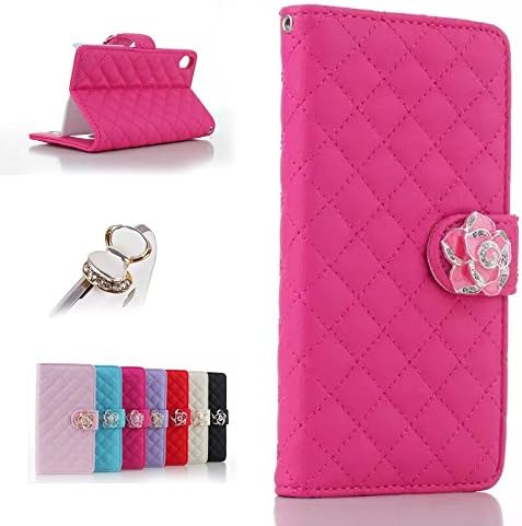 Uming® Camellias Series Case Holster [ Hotpink | for IPhone 7 IPhone7 7G ] with Holder Stand Elegant Lady Bling Glitter Shiny Crystal flower Folio Wallet PU Leather Flower Lattice Grid Flip Case Bag Cover Protector Skin + 1PC Anti Dust Plug