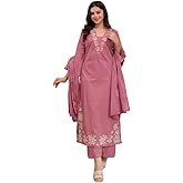 ANNI Designer Pure Cotton Embroidered Kurta Set for Women | Rust Orange Kurta with Pants & Dupatta | Floral Neck & Hem Embroi