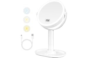Vankarr Espejo Maquillaje con Luz LED, Aumento 10X, de Mesa Baño Doble Cara, 3 Colores de Luz, Brillo Regulable, Giratorio 360° para Afeitado, Depilación Cejas y Cuidado Facial