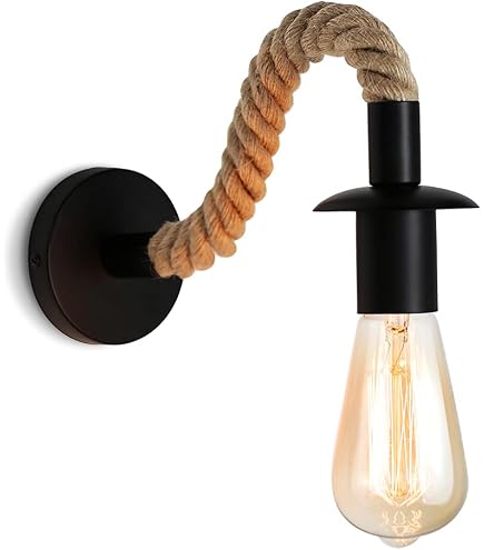 Lampada Da Parete Retrò Con Mano In Legno E Corda Di Canapa – Fai Da Te – Attacco E27 – Per Interni