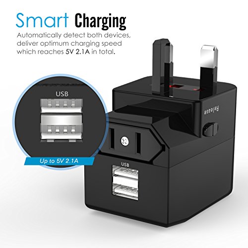 MoKo Universal Reiseadapter – All-in-One US / EU / UK / AU Reisestecker AC Power Wall Charger Konverter Stecker Adapter mit 2 USB Ports 2.1A für Smartphone, iPhone, iPad, MP3 Player, Tablet, Schwarz - 4