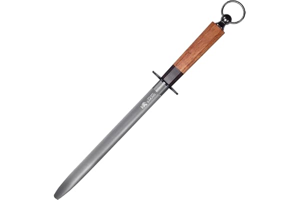 MITSUMOTO SAKARI 40 cm Fusil à Aiguiser Plat en Diamant Noir à Haute Teneur en Carbone, Aiguiseur Professionnel pour Couteaux (Manche en Bois Acide Avec Coffret Raffiné)
